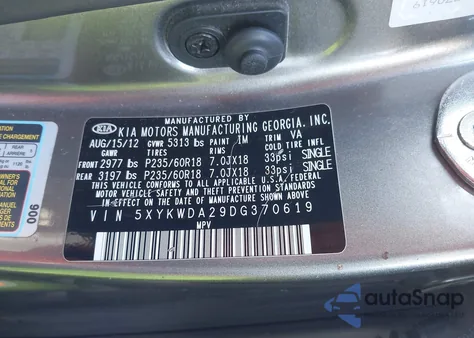 2013 Kia Sorento Sx V6 из США, поврежденный, VIN 5XYKWDA29DG370619